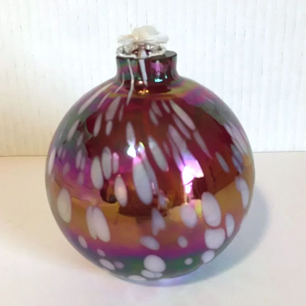 Pottery Barn Glass Oil Lamp Red White Hand Blown Art Glass Unused Iridescent